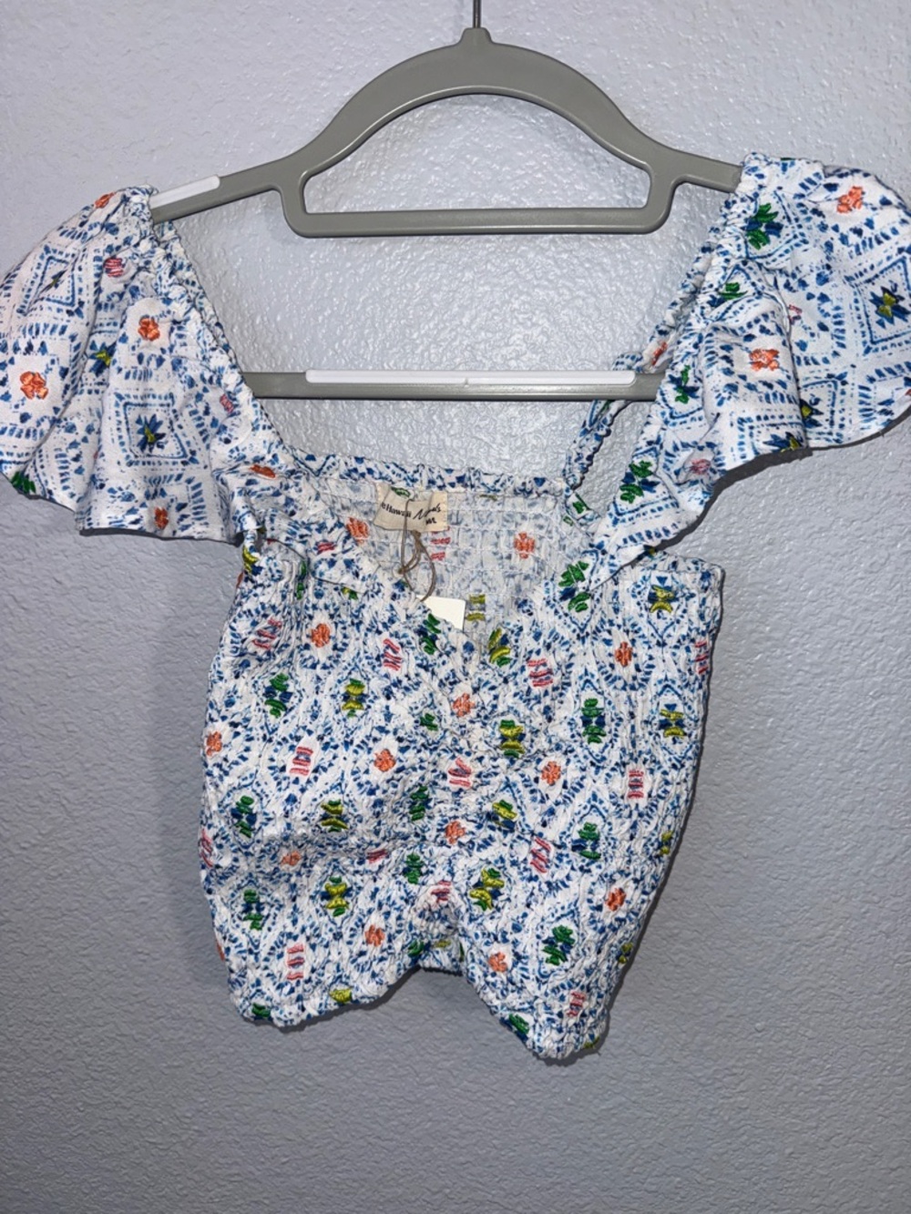 Smocked Floral Crop Top - White with Blue & Multicolor Tropical Print Print